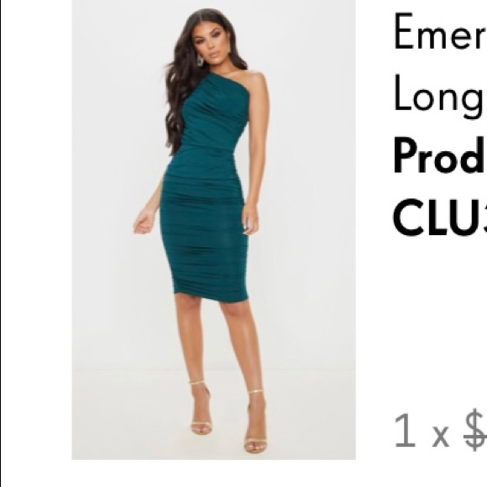 Emerald green slinky ruched one shoulder